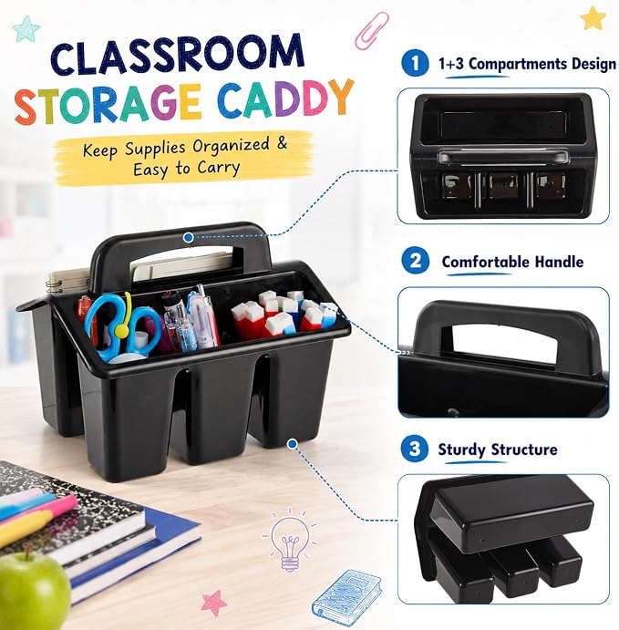 gisgfim 8 Pack Classroom Caddy Storage Basket with Handle 4 Compartment Storage Caddy Plastic Arts Crafts Caddies Protable Classroom Craft Caddies for Kids Schools Art Craft Supplies(Black) - Image 3
