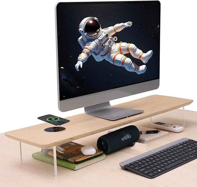 SUIBIAN White Monitor Stand Riser with Wireless Charging 31.5Inch Large, Computer Monitor Stand,Wooden Desktop Organizer Shelf for Office Desk Computer,Laptop,TV (White Oak) by SUIBIAN