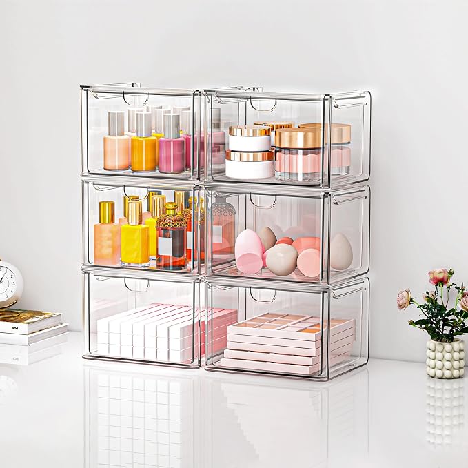 6-Pack Stackable Acrylic Storage Drawers, Small | Smooth-glide drawers, stackable, clear body, dustproof, wipe clean, 6 small, for art tools, makeup, under sink, pantry - Image 8