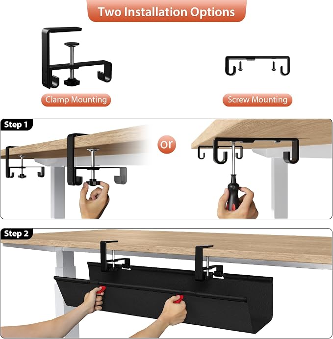 Univivi No Drill Under Desk Cable Management Tray, 28 inch Cable Management | Clamp/Screw Mount Cable Tray under desk, Premium Fabric Cord 0rganizer for Desk, Various Size Cord Organizer for Office, Home - Image 6