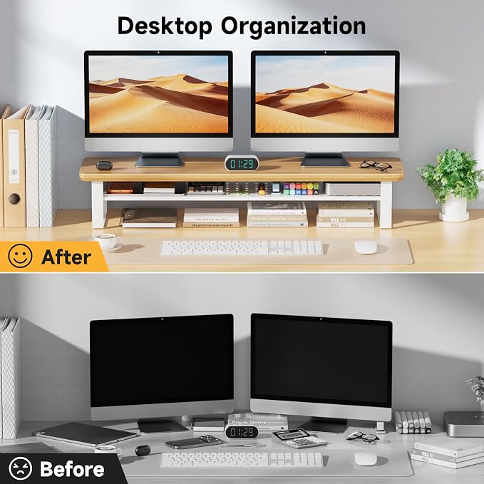 Dual Monitor Stand, 35.4 Inch Monitor Stand Riser for 2 Monitors, 2 Tiers Wood Desk Shelf with Storage, Desktop Organizer Stand for Computer, Laptop, Printer, TV - Image 3
