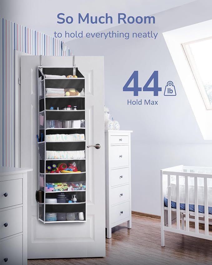 ULG 1 Pack Over The Door Organizer – 5 Shelf Door Organizer Hanging & 10 Side Pockets, Reinforced 44LB Capacity Hanging Organizer, Behind The Door Storage for Bedroom, Nursery, Pantry (Black) - Image 5