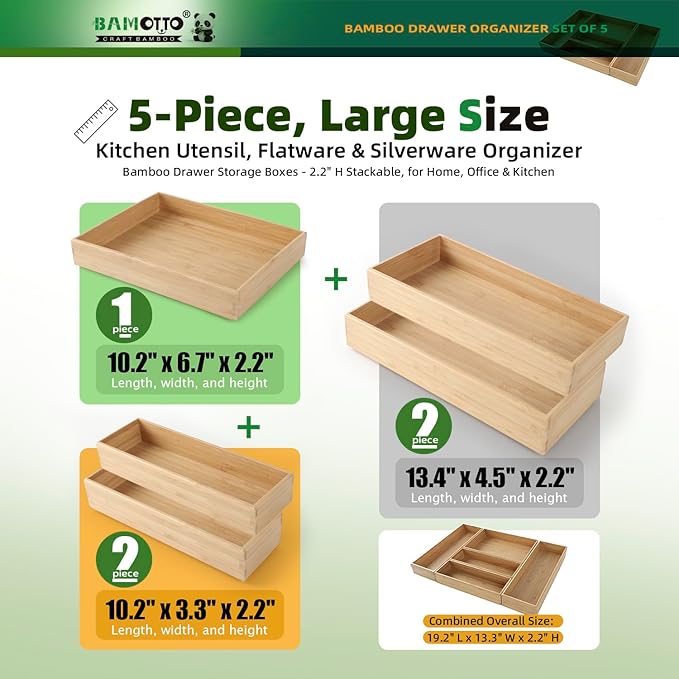 BAMOTTO CRAFTBAMBOO Stackable Bamboo Drawer Organizer Set of 5 for Kitchen | Utensil Cutlery Tray | Flatware & Silverware Organizer | Office & Bathroom | 13.4"×4.5"(×2) / 10.2"×3.3"(×2) / 10.2"×6.7" - Image 2