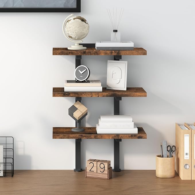 MAHANCRIS Clamp On Desk Organizer, 3-Tier Desktop Bookshelf, Adjustable Desk Storage Shelf, Metal Frame, for Office, Study and Game Room, Rustic Brown DSHR3601 - Image 2