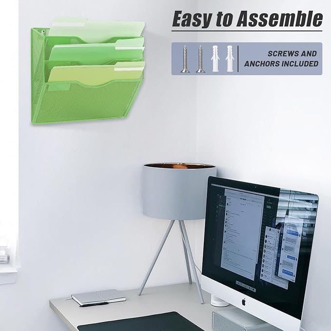 3 Pocket Mesh Hanging Wall File Organizer, Wall Mounted Mail Paper Document Folder Holder, Clipboard Storage Organization Magazine Rack with Nametag Label for Office Home School, Green - Image 6
