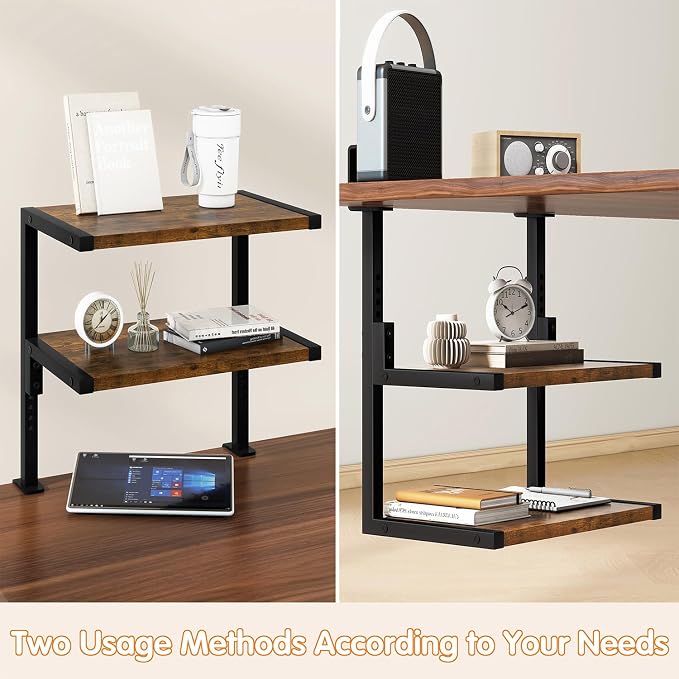 IBUYKE Clamp on Desk Organizer Shelf,Desk Extender Shelves TMZ007H | 12.9 inches,2-Tier Adjustable Storage Shelves, Above or Below Desk, for Desktop Accessories,Brown - Image 4