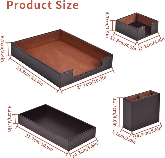 4 Pack Leather Office Supplies/Desk Organizer for Letter Paper Tray,Sticky Note Holder,Pen Cup,Stackable Small Letter Mail Sorter Tray,Workspace Decor for Women Men (Brown, 4-piece set) - Image 6