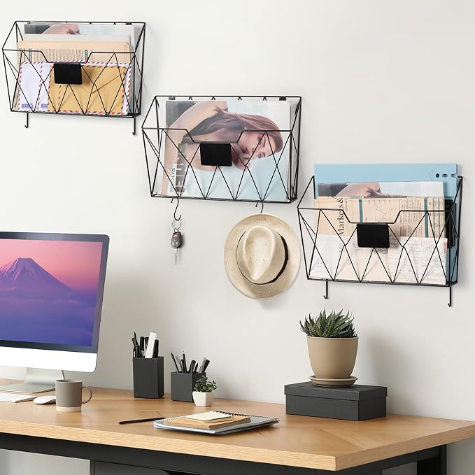 YBING Wall File Organizer, Hanging File Holder & Basket Set of 3, Black | Hanging File Rack with Hooks, Mail Organizer, Metal Wall Storage for Office Living Room School Classroom Home - Image 2