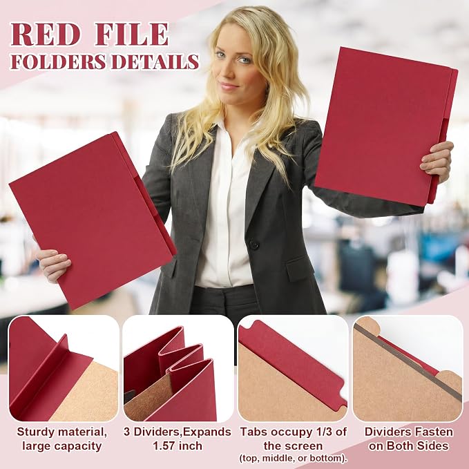 AmazingSpark 24 Pack Red Classification Folders Letter Size, 1 Divider, 1/3-cut Tab, File Folders with Fasteners, Prongs, Expanding File Organizer Bulk for Office Employee, Coworker, Staff - Image 4