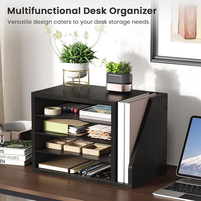 Wooden Mail Organizer, Desk Organizer with 3 Adjustable Shelves | Mail Sorter, File Organizer Desktop, Mail Holder for Home Office, Letter Sorter for Envelopes, Bills, Magazines, Black - Image 2