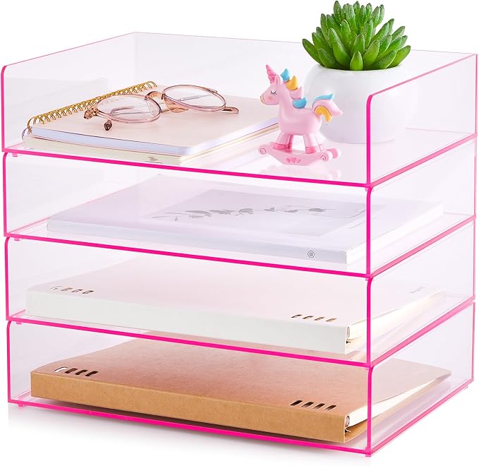 Harloon 4 Tier Paper Organizer Letter Tray Pink Acrylic Desk File Organizer Heavy Duty Stackable Documents Clear Letter Paper Holder Office Tray for A4, Office Classroom Home File Pad Notebooks by Muasung