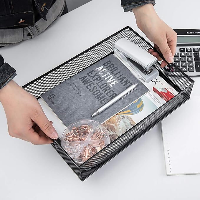 Paper Letter Tray Stackable Desktop File Document Organizer Metal Mesh Collection Office Desk Accessories Black - Image 2