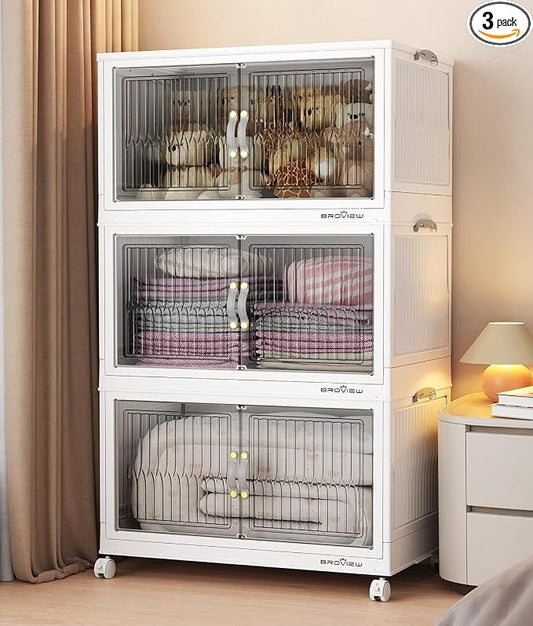 BROVIEW 240Qt Stackable Storage Bins with Lid, Extra Large Closet Organizer Collapsible Drawer Boxes with Wheels, Folding Plastic Cabinet Containers for Home Kitchen Room Organization, 3Pack White by BROVIEW-EnjoytheArtofLife