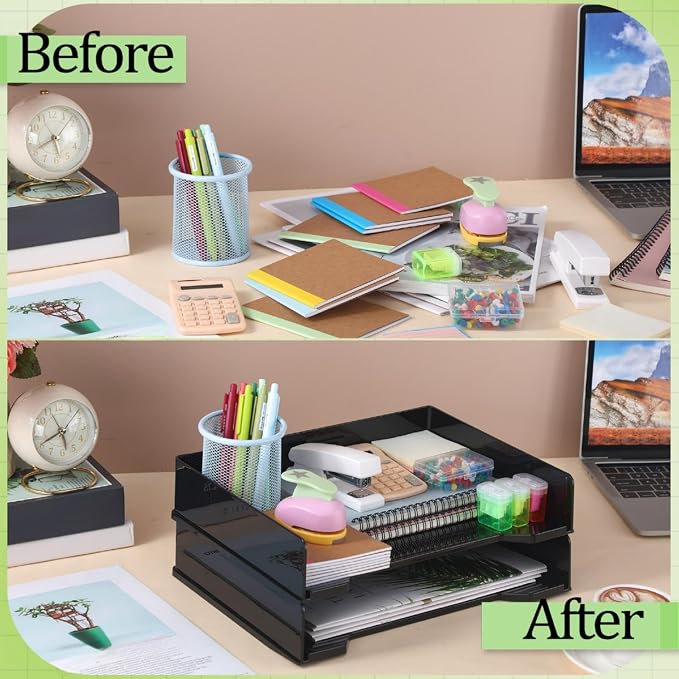 DoubleFill 2 Pcs Stackable Letter Tray Rectangular Plastic Desk Organizer 13 x 9.5 x 2.6 in Paper Holder File Tray Accessories Rack for Desktop Office Desk Drawers (Black) - Image 5