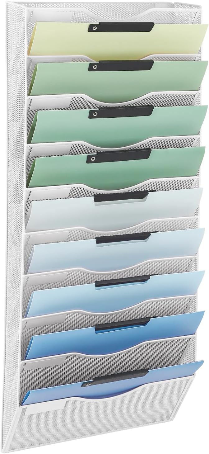 10 Pocket Mesh Hanging Wall File Organizer, Wall Mounted Mail Paper Document Folder Holder, Clipboard Storage Organization Magazine Rack with Nametag Label for Office Home School, White by EASEPRES