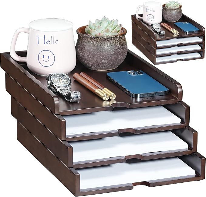 Solid Wood Stackable Letter Tray, 4-Tier Desk File Organizer for A4 Paper | letter tray for files, mail, bills & documents. walnut finish desktop organizer for home office workspace declutter. by GroveMindooOfficeStorage