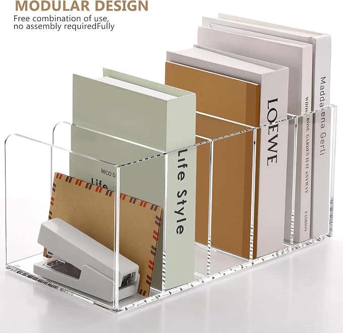SANRUI Acrylic Magazine Holder Desk Organizer Workspace Sorters, Clear Bookend File Sorter Folder Rack For Home Office Accessories Organization Storage with 5 Vertical Compartments - Image 4