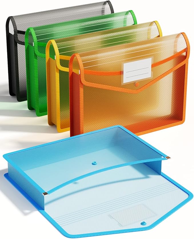 ThinkTex Plastic Expanding File Folder, Transparent Envelopes with Snap | No Dividers, Large Capacity, Assorted Colors, Fits Letter / A4 Size - 5 Pack by ThinkTex