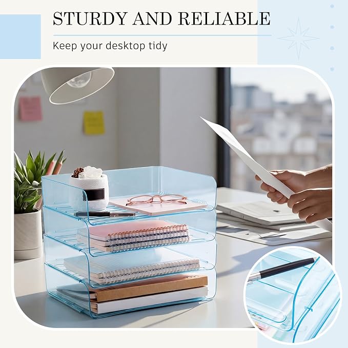 Harloon 4 Tier Clear Blue Acrylic Paper Organizer Letter Tray, Aesthetic Stackable Desk File Organizer Paper Holder Office Tray for A4, Modern Classroom Office Home File Pad Books Notes - Image 6