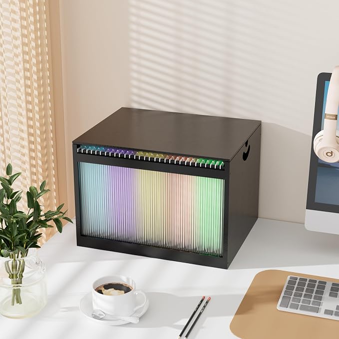 Bamboo Hanging File Organizer, Desktop File Box with Lids, 1 Pack, Black | Removable Lid, Clear Acrylic Side Panels, 2 Hanging Folders Included, Helps Reduce Dust, Letter & Legal Size, Easy Assembly - Image 3