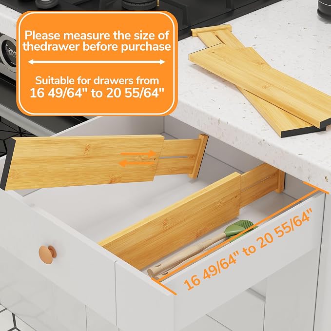 BAMEOS Bamboo Expandable Drawer Dividers – Fits 16.65"–22" Drawers, 4" Extra Deep Walls, Set of 4 | Maximum-Height Spring-Loaded Organizer for Deep Kitchen, Bathroom & Dresser Drawers - Image 3
