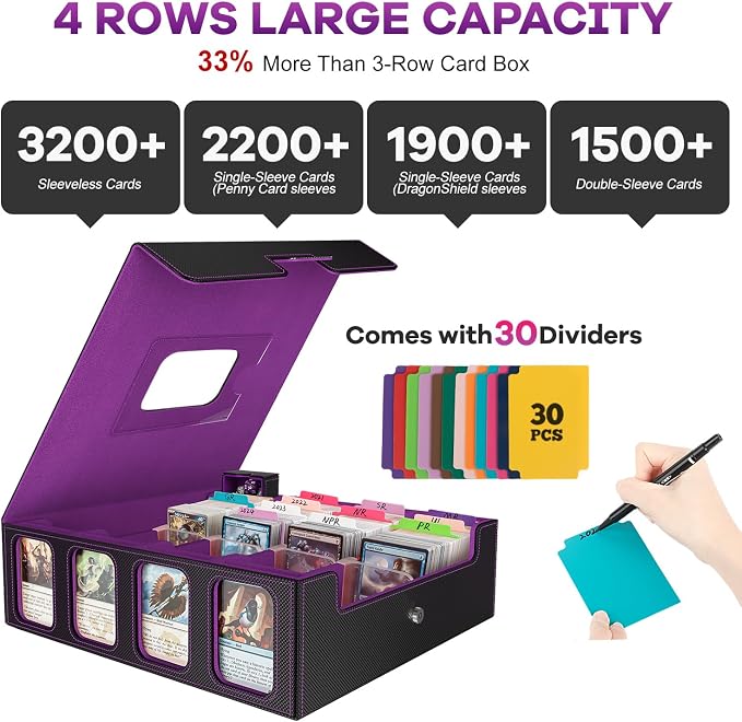Trading Card Storage Box - 3200+ MTG Deck Box with Commander Display & Portable Handle, 4-Row Card Case Compatible for MTG/TCG/Magic Cards, 30 Colorful Divider, 8 Card Supporters (Black & Purple) - Image 2