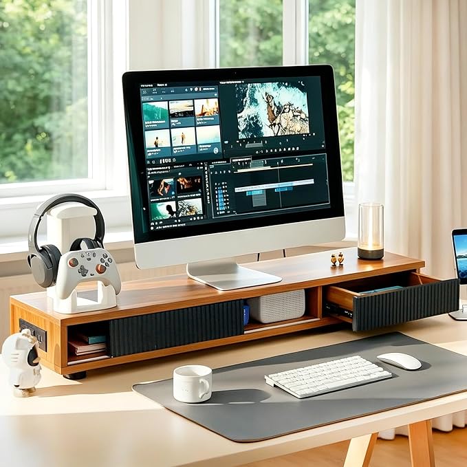 Artswish Dual Monitor Stand with Power Outlet, 42" Walnut Monitor Riser | Built-In Power Outlet, Drawer & Sliding Door Storage, Ergonomic Viewing Height, Walnut Wood Finish, For Office Work & Study - Image 2
