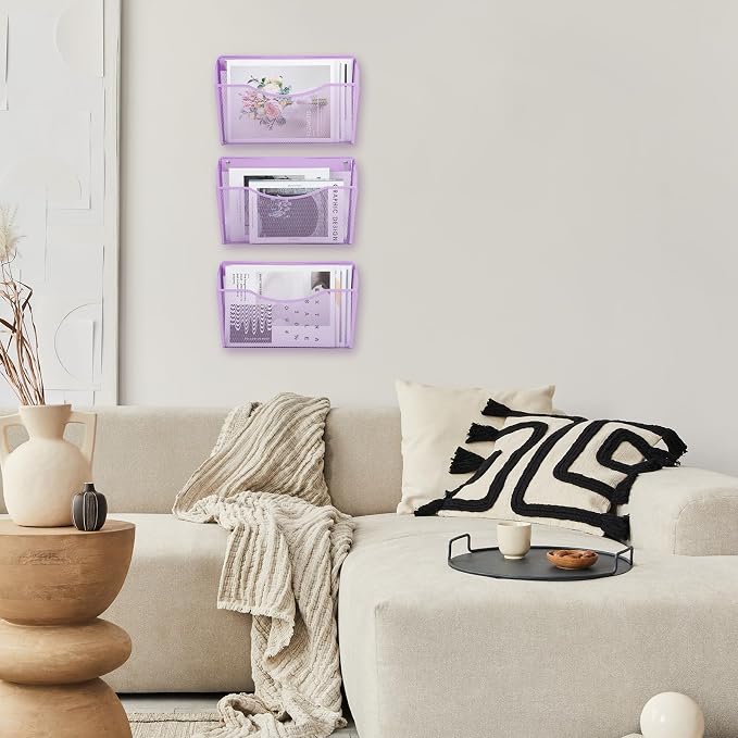 3 Single Pocket Mesh Hanging File Organizer, Vertical Wall Mounted Magazine File Holder, Mount Basket Mail Paper Document Folder Organizing for Office, Home and School, Light Purple - Image 6