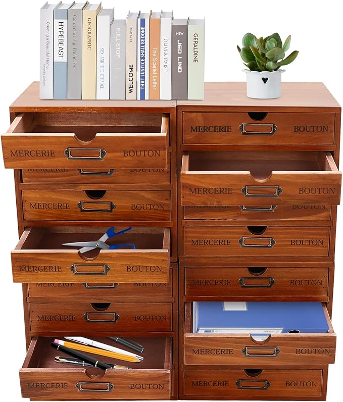 4Pcs Multi Drawer Storage Organizer with 16 Drawers, Vintage Wooden Desk Organizer Craft Storage Drawers Stackable Desktop Organizing Cabinet, No Assembly Required - Image 6