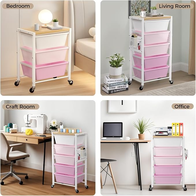 Rolling Cart with 3 Drawers, Plastic Drawer Storage Carts with Lockable Wheels & Wooden Tabletop, Metal Utility Cart Organizer, Office Bedroom Classroom Craft Organization and Storage, Bright Pink - Image 6
