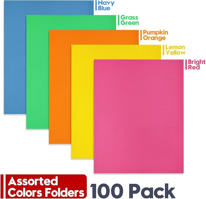 100 Pack Multicolor Paper Pocket Folders, 2 Pocket File Folders Letter Size, Heavy Duty Bulk Folders with Business Card Slot for Office, Classroom and School, Business, Home Use, Assorted 5 Colored - Image 4