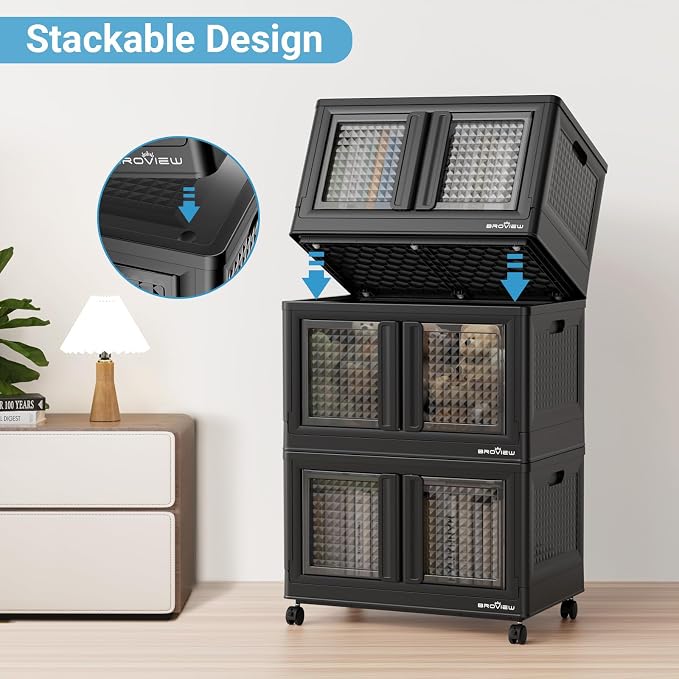 BROVIEW 300Qt Stackable Storage Bins with Lids, 75Gal Closet Organizers and Storage Drawer, Plastic Collapsible Storage Bins with Doors, Heavy Duty Store Box Cabinet for Home Kitchen, 3Pack Black - Image 9