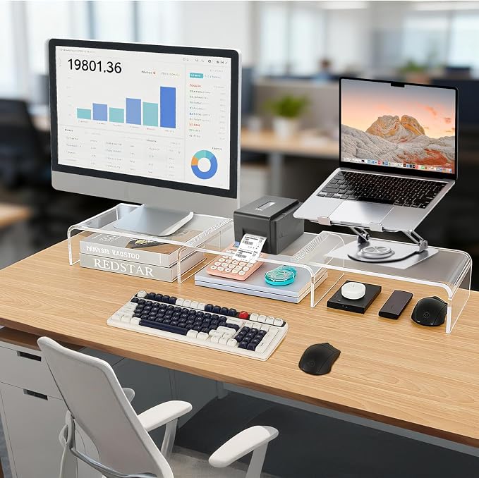 LEKETREE Acrylic Monitor Stand , Clear Monitor Stand for Desk, Computer Accessories for Home Office, Desk Organizer Shelf for Laptop, PC, Multi Media and more - Image 2