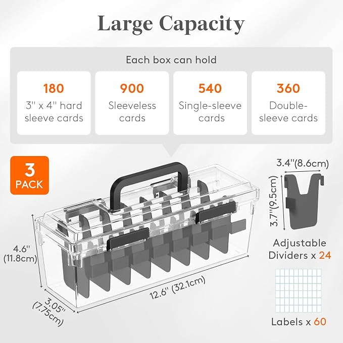 Lifewit Trading Card Storage Box with Handle, Fit for Toploader, 3 Pcs | Stackable Reinforced Latch Case with 8 Adjustable Dividers, Writable Labels, Organizer for MTG TCG Sports Baseball Bulk Cards - Image 3