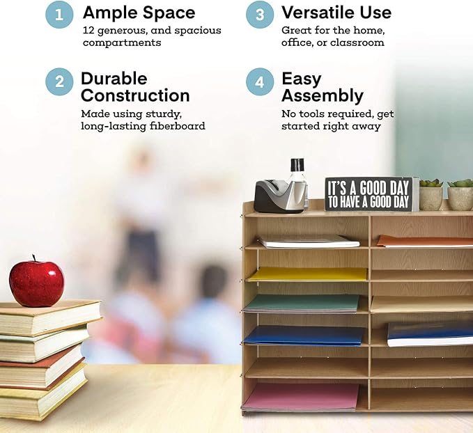 Adir Wood Paper Storage Organizer - Construction Paper Storage - Vertical File Mail Sorter - A Stylish Look for Home, Office, Classroom and More - Wood Grain (12 Compartment) - Image 6