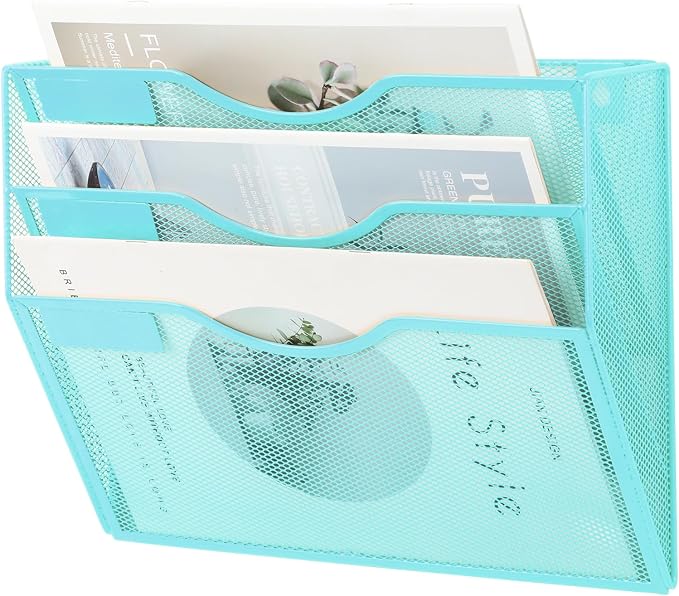 3 Pocket Mesh Hanging Wall File Organizer, Wall Mounted Mail Paper Document Folder Holder, Clipboard Storage Organization Magazine Rack with Nametag Label for Office Home School, Blue - Image 7