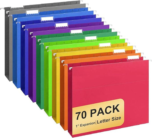 Hanging File Folders, 70 Pack Letter Size Hanging File folders with 1/5-cut Tabs, Stay Organized for Your Home and Office Bulk File, Documents and Paper, 10 Colors by YOPCDJ