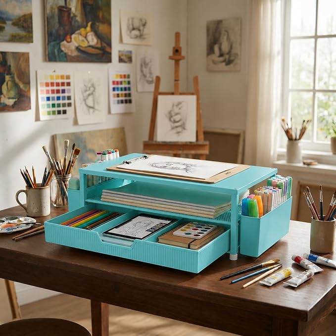 ECOLOVI Desk Organizer and Accessories, 2-Tier Computer Monitor Stand Rise with Storage Drawer & 2 Pen Holders, Laptop & Printer Stand for Desktop, Workspace Organizers for Office Supplies (Blue) - Image 9