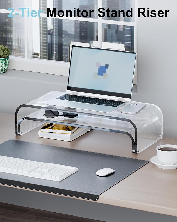 Acrylic Dual Monitor Stand Riser 2 Tier, Modular Laptop Stand for Desk, Multifunctional Desktop Organizer Shelf for PC, iMac, Printer, Detachable Monitor Stand for Office or Home, Clear - Image 3