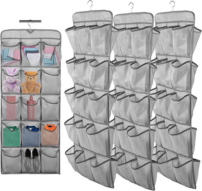 3Pcs 30 Large Pockets Dual Sided Hanging Shoe Organizer Double-Side Closet Storage Shelves with Rotating Hanger Space Saving Storage Bag Portable Shoe Rack Holder for Bedroom Laundry Room,Gray by TKSDWBLTY