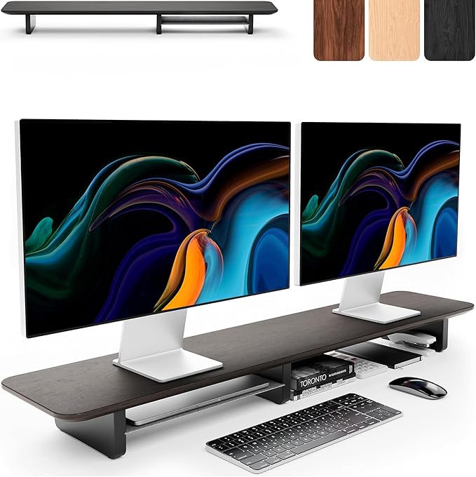 KIVY Dual Monitor Riser With Integrated Metal Shelf [MADE BY HAND] - Wooden Desk Shelf for 2 Monitors - Wide Long Stand for Desk (44 x10x3in - Black) by KIVY