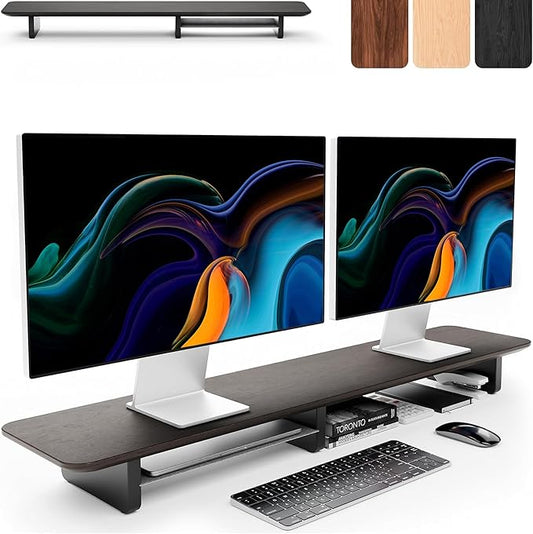 KIVY Dual Monitor Riser With Integrated Metal Shelf [MADE BY HAND] - Wooden Desk Shelf for 2 Monitors - Wide Long Stand for Desk (44 x10x3in - Black) by KIVY