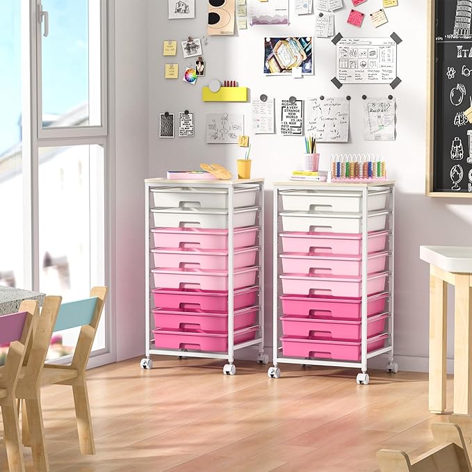 SYKIARIOL Rolling Cart with Drawers,Utility Cart with 8 Drawers,Rose Pink | Craft Organizers and Storage Cart with Wooden Tabletop for Living Room,Classroom, Bedroom,Dorm,Home Office - Image 8