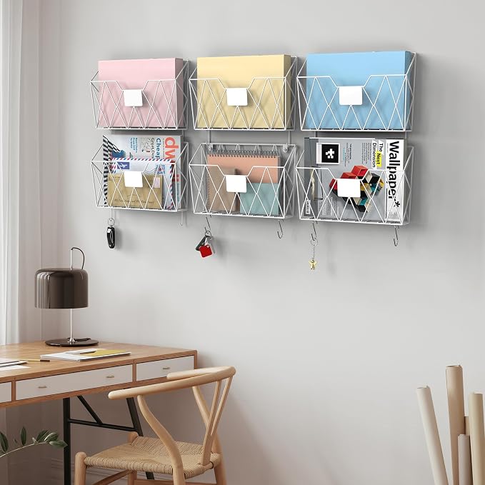 YBING Wall File Organizer White 6 Pack Mesh Hanging File Holder Organizer Metal Wire Mail Organizer Wall Mounted Office Papers Holder Hanging File Folders With Hooks - Image 4
