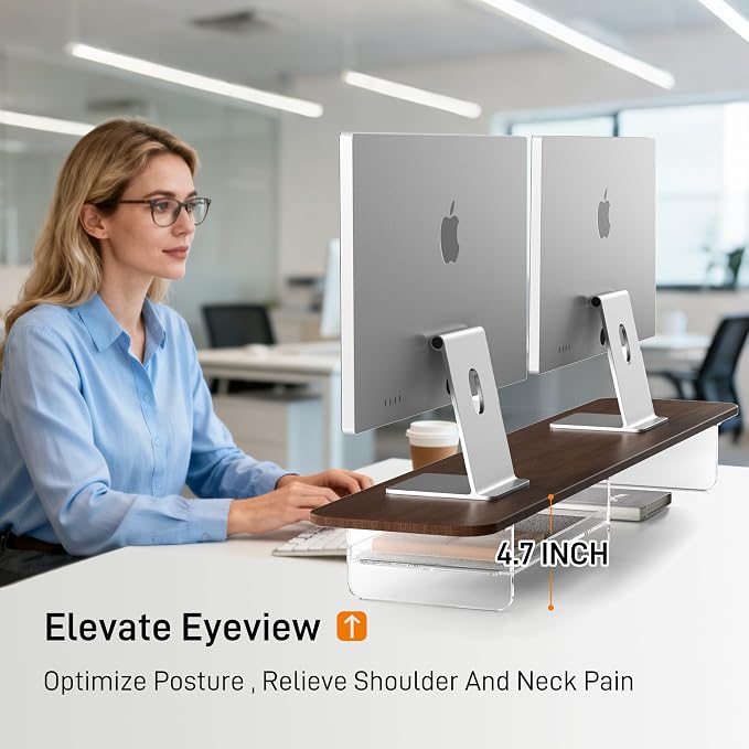 Dual Monitor Stand 43 Inch Extra Large Monitor Riser for Desk, Acrylic Clear Legs Desk Organizer Shelf with Felt Lining Storage Drawer, Compatible with Computer Laptop PC Printer Flat Screen TV - Image 5