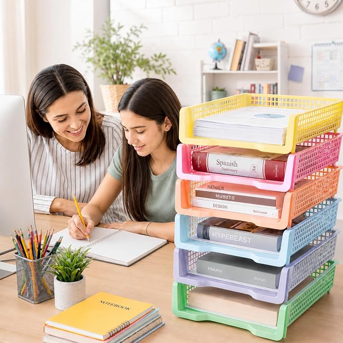 Set of 12 Pastel Turn in Trays for Teachers Stackable Classroom Paper Letter Trays Plastic Classroom Desk Letter Organizer Tray Storage Baskets for Library, Drawers, Office, Home - Image 3