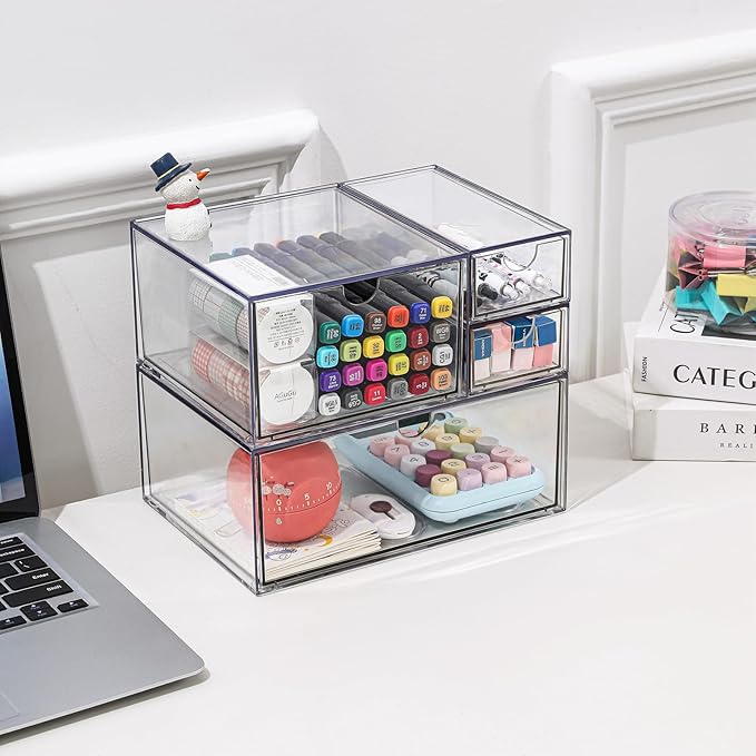 Makeup Drawer Organizer, Desk Drawer Organizer With 4 Drawers, 3 Different Sizes, Suitable For Office Desk, Bathroom, Bedroom, Jewelry, Stationery, Handicraft Storage And Organization, clear - Image 2