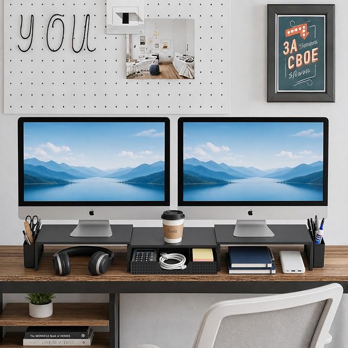 LEKETREE Dual Monitor Stand Riser with Drawer, Desk Organizer and Accessories, Monitor Stand for Desk, Desktop Stand for Computer, Laptop, TV and More (Black) - Image 3
