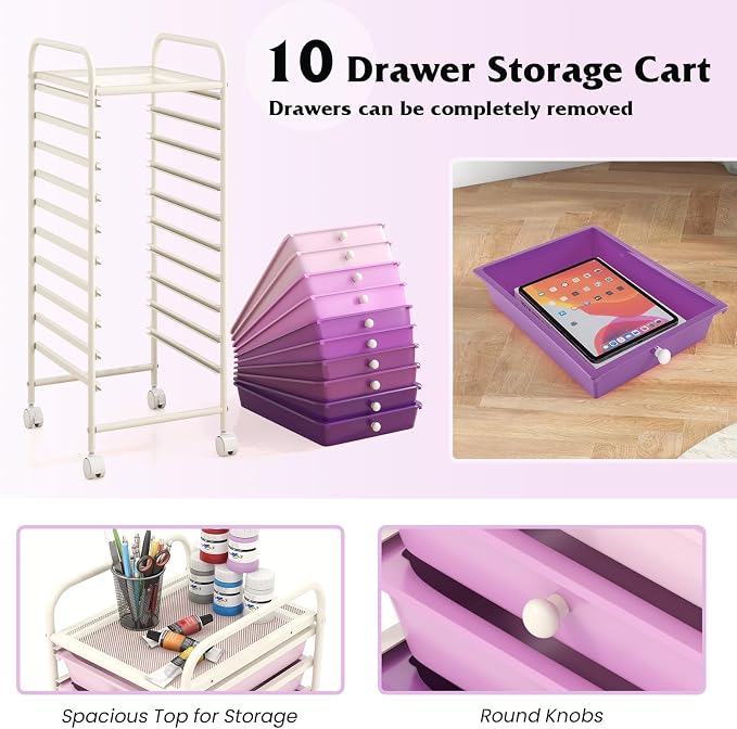 Giantex 10-Drawer Storage Cart w/Universal Wheel, Rolling Cart w/Handle, Home Organizer Storage Unit w/Removable Drawers, Trolley Utility Cart for Kitchen Makeup Living Room Office Play Room - Image 5