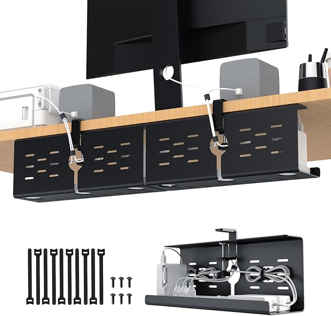 KEEGH 16 in Under Desk Cable Management Tray, Metal Cord Organizer, 2 Pack | No Drill Clamp Mount, Upgrade Capacity, Cord Management Tray for Home Office, Gaming Desk, Standing Desk, Black by KEEGH